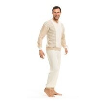 Medima Pyjama Terry Cloth (100% Cotton, Trousers+Long Sleeve Shirt) Underwear Beige/White Men (Size S-XL)