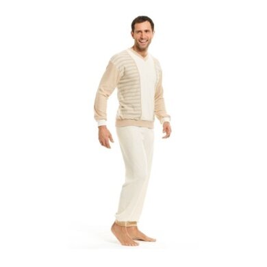 Medima Pyjama Terry Cloth (100% Cotton, Trousers+Long Sleeve Shirt) Underwear Beige/White Men (Size S-XL)