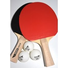 Butterfly Table Tennis Drive Set - 2 Rackets, Addoy Rubber 1.0 mm, concave grip shape and 3 training balls