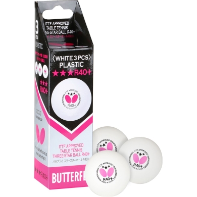 Butterfly Table Tennis Ball 3 Star R40+ (Plastic Ball 40+, ITTF approved) white 3-pack cardboard packaging