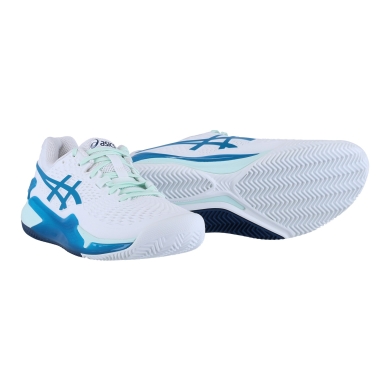 Asics Tennis Shoes Gel Resolution 9 Clay/Sand Court (Stability) 2024 White/Blue Green Ladies