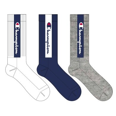 Champion Tennis Socks (Cotton) Crew Logo Print 2022 white/navy blue/grey Men - 3 Pairs