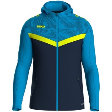 JAKO Iconic Hooded Jacket (Polyester Fleece, Side Pockets with Zip) navy blue/light blue/yellow Children