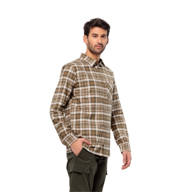 Jack Wolfskin Long-Sleeved Bergweg Shirt with Chest Pocket (Flannel Shirt, Organic Cotton) Beige/Brown/Orange Men