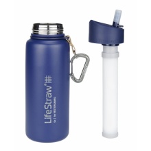 LifeStraw Water Bottle Go Stainless Steel with Water Filter, Lid with Silicone Mouthpiece, Carabiner Blue - 650 ml