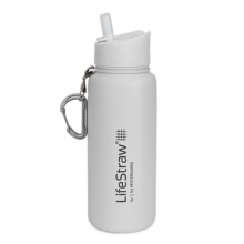 LifeStraw Water Bottle Go Stainless Steel with Water Filter, Lid with Silicone Mouthpiece, White Carabiner - 650 ml