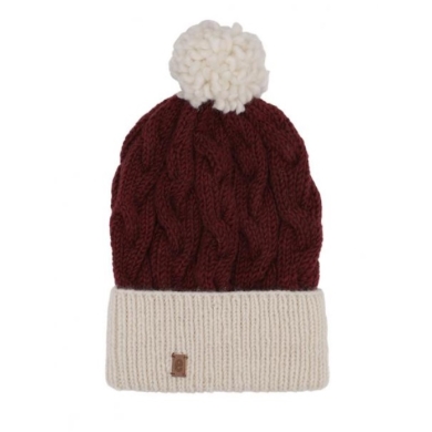 Medima Winter hat with pom pom - Merino wool, ribbed structure, cuff - burgundy/red - 1 piece