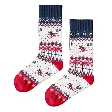 Polar Star Daily Sock Crew Ski Runners Winter Pattern (Cotton, Warm) White/Navy/Red - 1 Pair