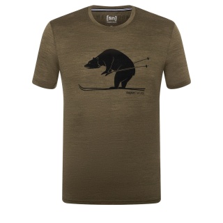 super natural Hiking/Leisure Tshirt Graphic Skiing Bear - Merino Wool Blend - olive green mottled Men