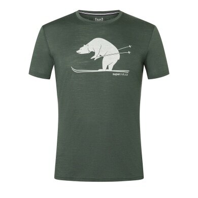 super natural Hiking/Leisure Tshirt Graphic Skiing Bear - Merino Wool Blend - dark green Men