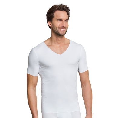 Schiesser Shirt Seamless V-Neck Laser Cut Short Sleeve (Interlock, seamless) Underwear white Men