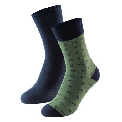 Schiesser Day Sock Crew Pima Cotton Plain Patterned Long Life Cool Olive Green/Night Blue - 2 Pairs