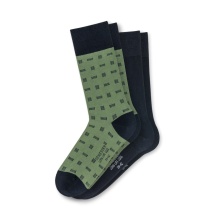 Schiesser Day Sock Crew Pima Cotton Plain Patterned Long Life Cool Olive Green/Night Blue - 2 Pairs