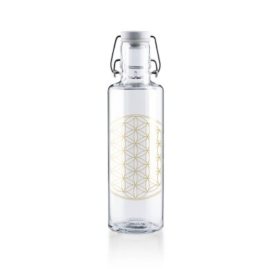 soulbottles Water Bottle Flower of Life Glass (Glass Bottle, Ceramic Lid, Stainless Steel Handle) 600ml Transparent