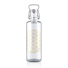 soulbottles Drinking Bottle Flower of Life Glass (Glass Bottle, Ceramic Lid, Stainless Steel Handle) 1 Litre Transparent