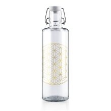 soulbottles Drinking Bottle Flower of Life Glass (Glass Bottle, Ceramic Lid, Stainless Steel Handle) 1 Litre Transparent