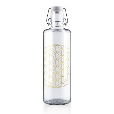 soulbottles Drinking Bottle Flower of Life Glass (Glass Bottle, Ceramic Lid, Stainless Steel Handle) 1 Litre Transparent